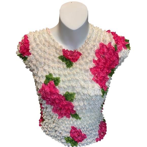 Vintage Cap Sleeve Popcorn Bubble Crinkle Super Stretchy Floral Shirt - Picture 1 of 4
